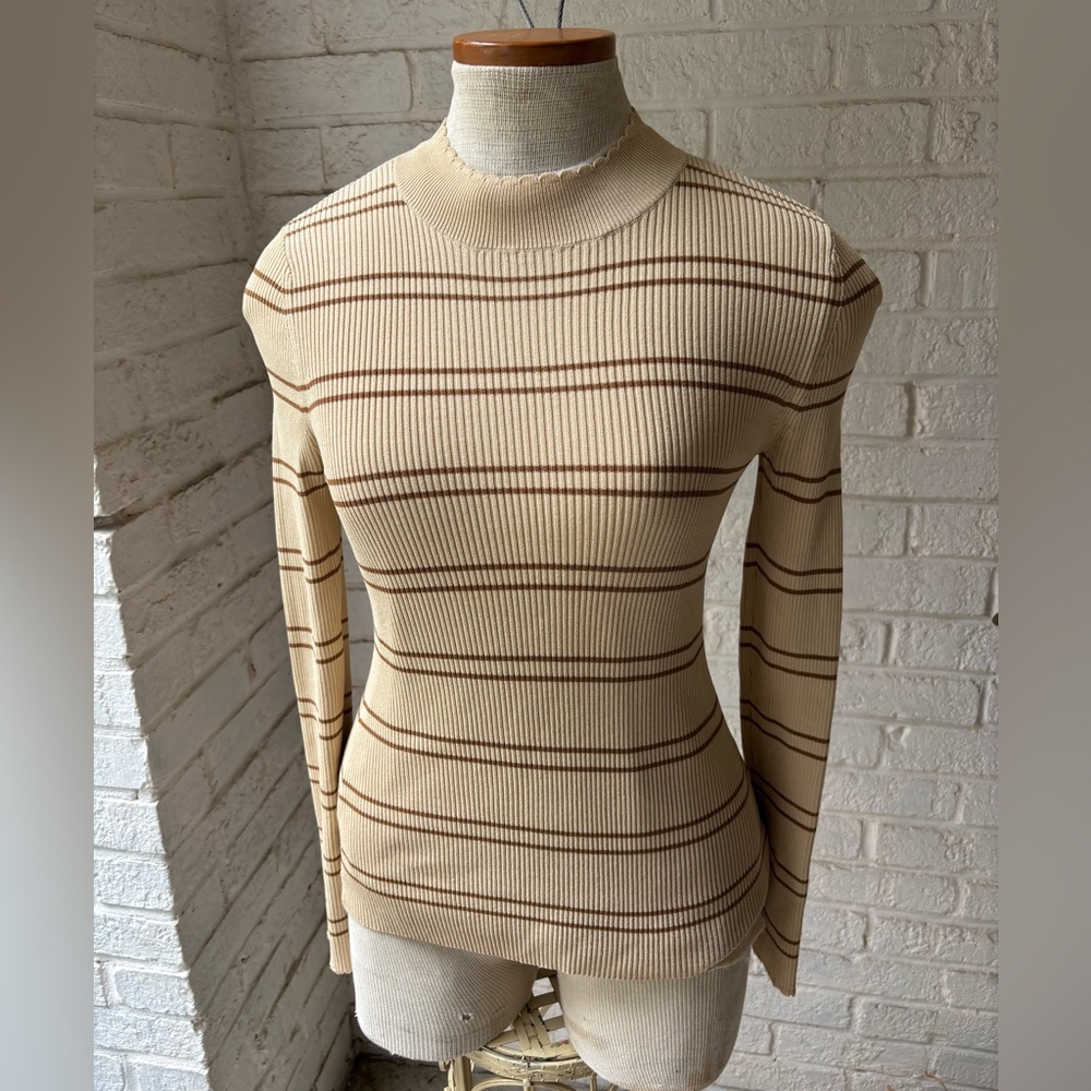 Karen Millen Cream and Brown Striped Long Sleeve Top Sz M